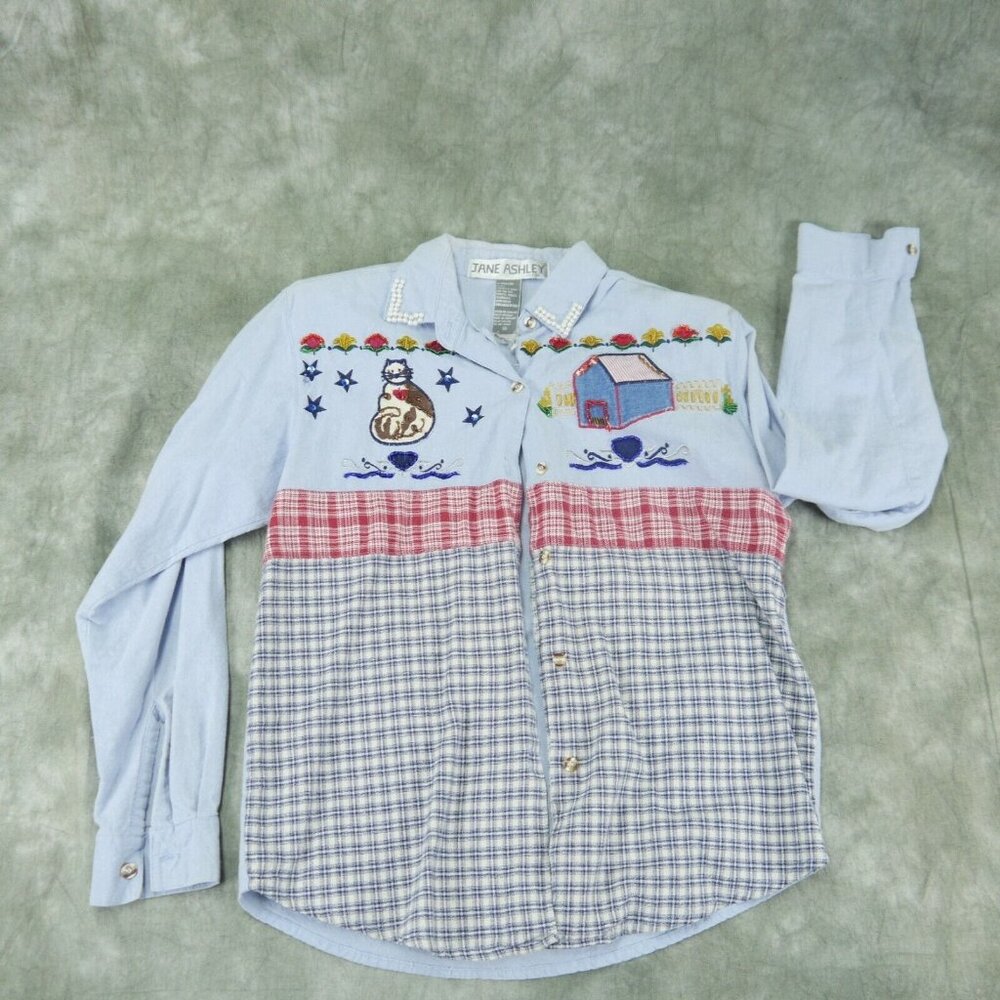 VGUC Jane Ashley Petite VINTAGE BEADED SHIRT Cat Rhinestones Beads Size PM 8669